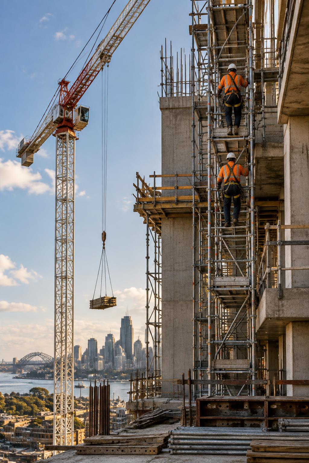 Operai con casco e giubbetto su un cantiere con gru in Australia