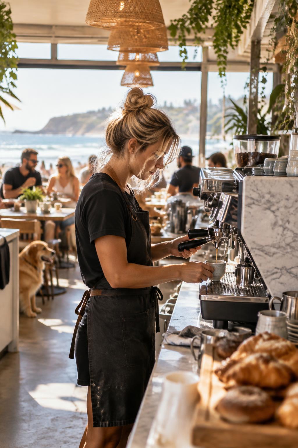 Barista al lavoro in un café australiano affacciato sull'oceano