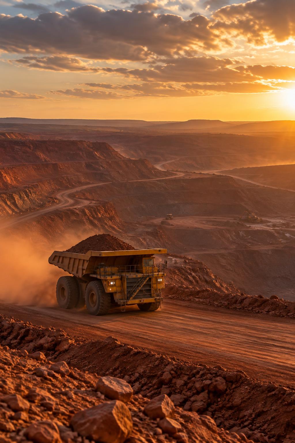 Camion da miniera in una miniera a cielo aperto in Australia al tramonto