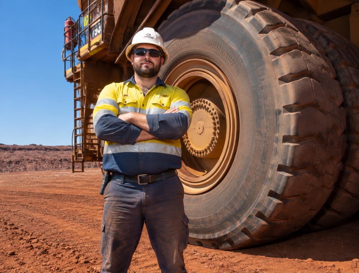 Lavoratore in alta visibilità davanti a un camion da miniera in Australia